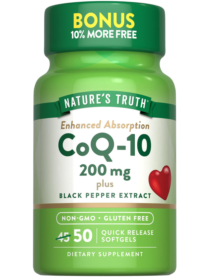 Nature&#39;s Truth CoQ10 200 mg Softgels | 50 Count | Enhanced Absorption Supplement | Plus Black Pepper Extract | Non-GMO, Gluten Free