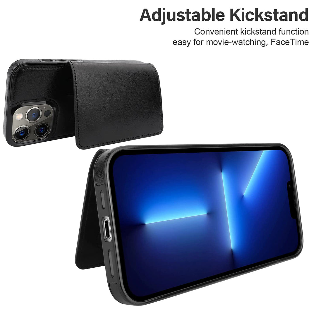 for iPhone 13 Pro Max Wallet Case with Card Holder, Faux Leather Kickstand Card Slots Case, Handmade RFID Blocking Magnetic Shockproof Protective Slim Back Flip Phone Case 6.7 Black