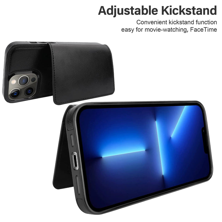 for iPhone 13 Pro Max Wallet Case with Card Holder, Faux Leather Kickstand Card Slots Case, Handmade RFID Blocking Magnetic Shockproof Protective Slim Back Flip Phone Case 6.7 Black