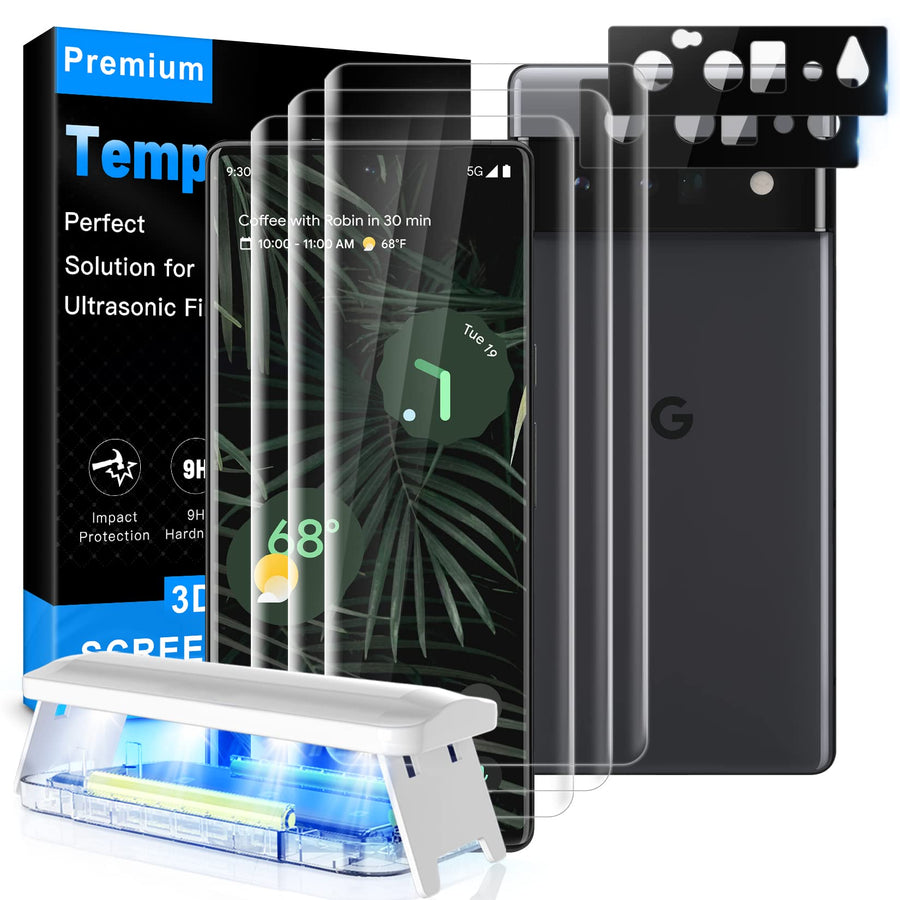 [3+2 Pack] for Google Pixel 6 Pro Screen Protector [Support Fingerprint Unlocking] 3x 3D Curved Tempered Glass & 2x Camera Lens Protector for Pixel 6 Pro 5G [Scratch & Impact Protection]
