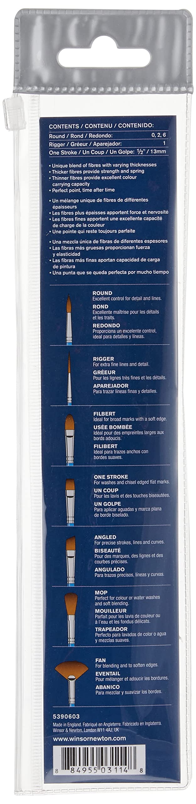 Winsor &amp; Newton Cotman Short Handle Brushes, Set of 5, (Round 0, 2, &amp; 6, Rigger 1, One Stroke 1/2)