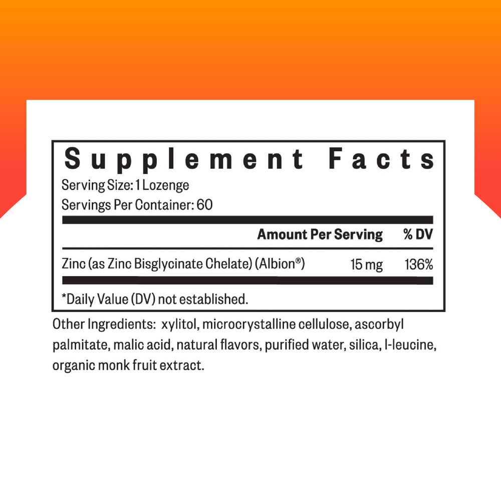 Zinc Chewable, 15 mg of TRAACS® Chelated Zinc Bisglycinate, Immune Support, Natural Fruit Flavor, Vegetarian and Vegan (60 lozenges)*