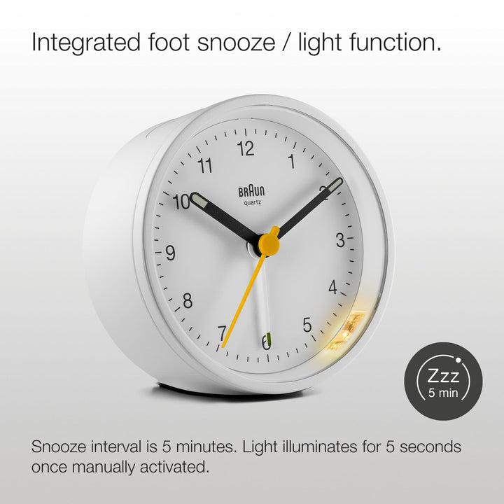 Braun Classic Analogue Alarm Clock with Snooze and Light, Quiet Quartz Movement, Crescendo Beep Alarm in White, Model BC12W.