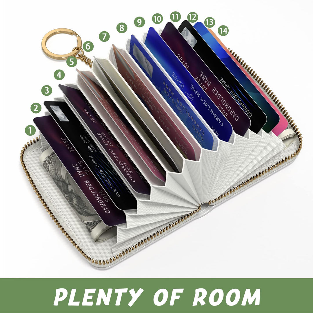 Credit Card Holder for Women, Small RFID Card Wallet Slim Leather Business Card Organizer Case with Zipper &amp; Keychain(White)