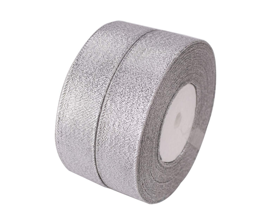 ATRibbons 1 Inch Glitter Ribbons,Sparkly Gold/Silver Metallic Color Ribbons for Gifts Wrapping Home Decoration Wedding Party Birthday Wrap Card and DIY Crafts,25 Yards/Roll x 2 Rolls (Silver)