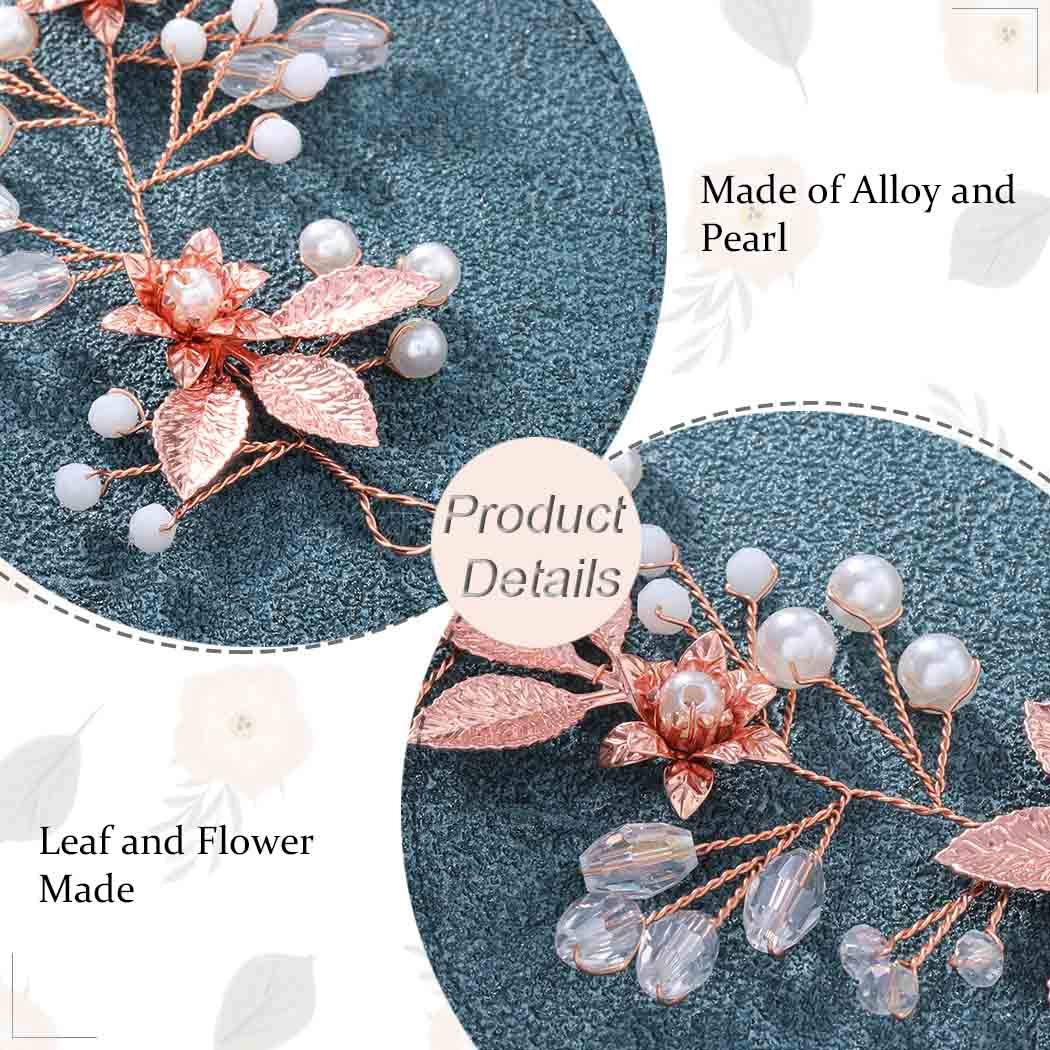 Bride Flower Wedding Hair Vine Rose Gold Leaf Bridal Headband Pearl Hair Accessories for Women and Girls