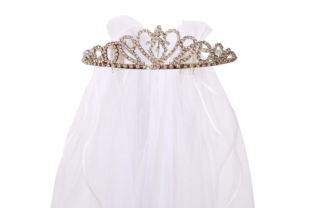 Flower Girls White First Communion Veil Headband with Bow (60cm/24 inch, Rhinestone Crown)