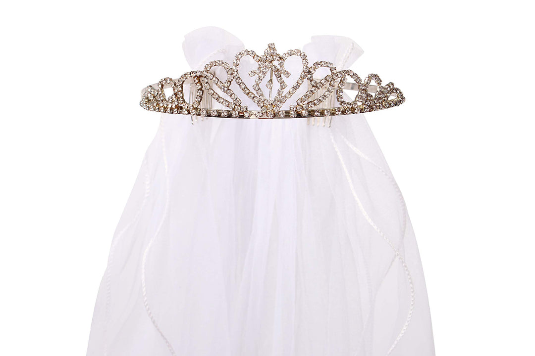 Flower Girls White First Communion Veil Headband with Bow (60cm/24 inch, Rhinestone Crown)