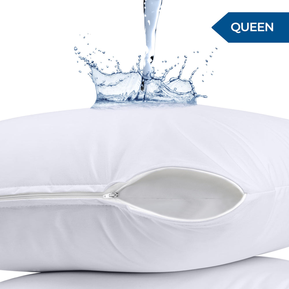 Waterproof Pillow Protectors Zippered (2 Pack, White) Queen Size, Zippered Pillowcases, Bed Bug Proof Pillow Encasement Covers 20 x 28 Inches