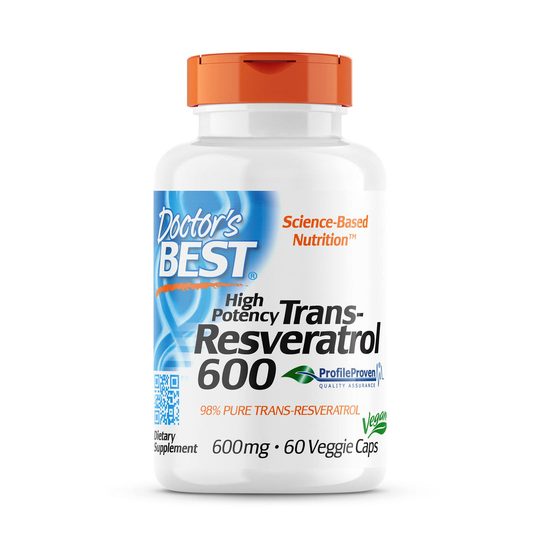 Doctor&#39;s Best Trans-Resveratrol 600, Non-GMO, Vegan, Gluten Free, Soy Free, 600 mg, 60 Veggie Caps (DRB-00416)
