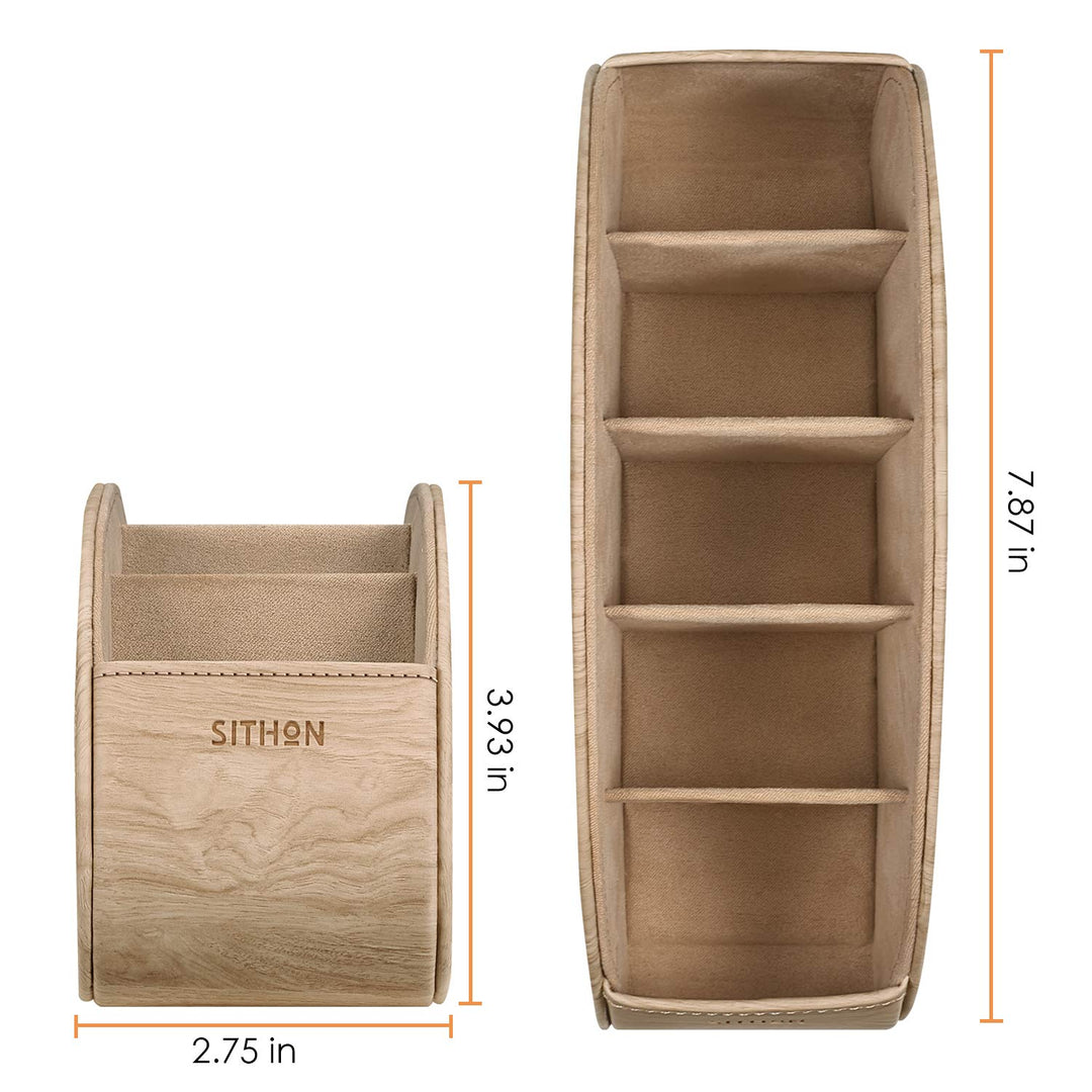 Remote Control Holder with 5 Compartments - PU Leather Remote Caddy Desktop Organizer Store TV, DVD, Blu-Ray, Media Player, Heater Controllers, Woodgrain Khaki