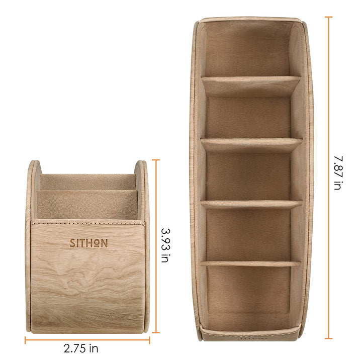 Remote Control Holder with 5 Compartments - PU Leather Remote Caddy Desktop Organizer Store TV, DVD, Blu-Ray, Media Player, Heater Controllers, Woodgrain Khaki