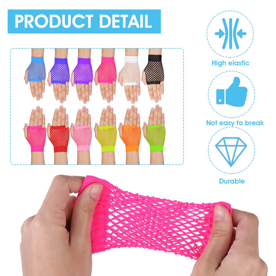 12 Pairs Fingerless Fishnet Neon Gloves 80s Fishnet Glo