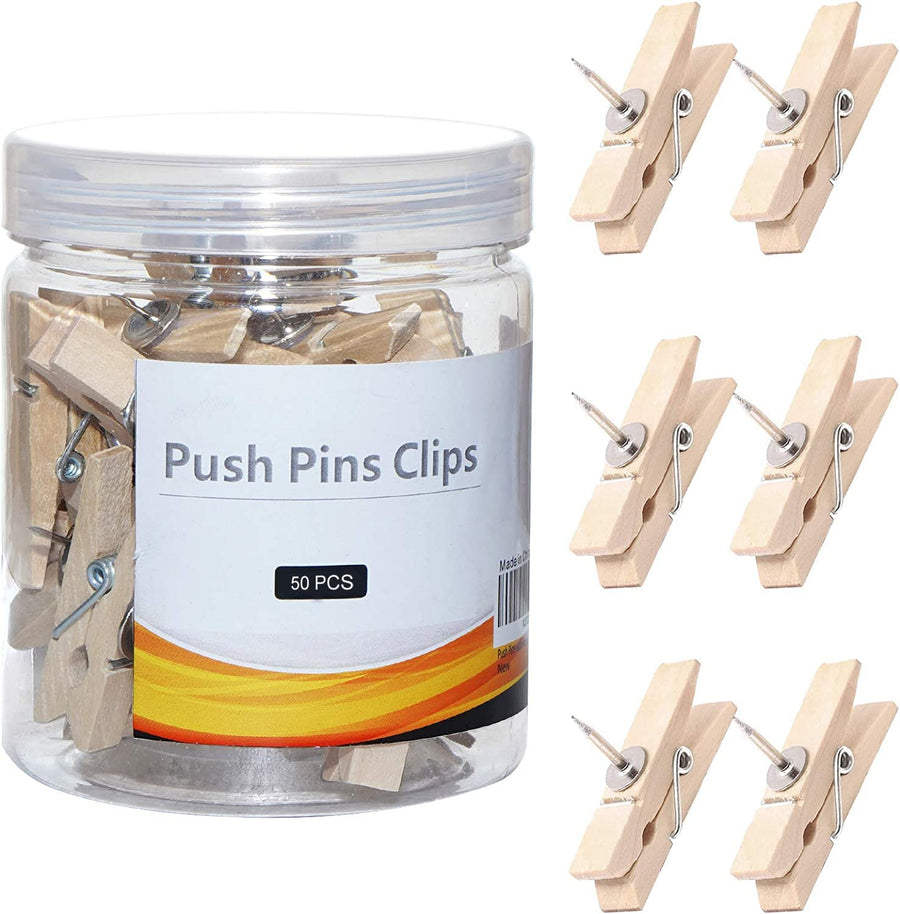 50 PCS Push Pin Clips, Wooden Push Pins for Cork Board, Teacher Supplies for Classroom Decorative Thumb Tacks for Bulletin Board