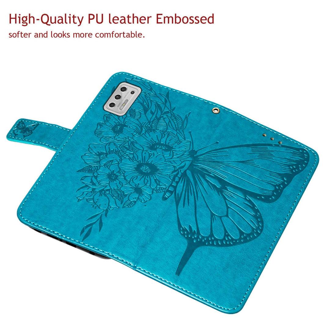 Compatible for Moto G Stylus 2021 Case Wallet,[Kickstand][Wrist Strap][Card Holder Slots] Butterfly Floral Embossed PU Leather Flip Cover for Moto G Stylus (2021) Case (Blue)