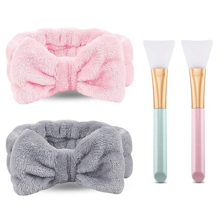 2 Pack Spa Headband ,Bowknot Coral Fleece Elastic Headband With 2 Silicone Face Mask Brush,for Women Girls Washing Face Beauty Skincare And Sports. (Gray,Pink)