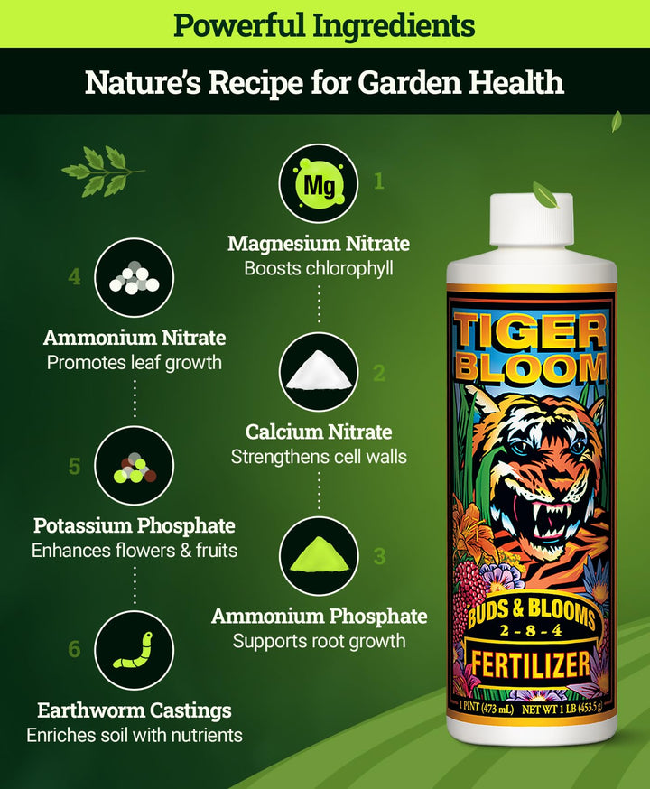 Tiger Bloom Liquid Fertilizer Concentrate - Fast Acting Formula for Vicious Growth with Phosphorus - Encourages Fruit, Flower &amp; Bud Development, NPK 2-8-4 (Pint)