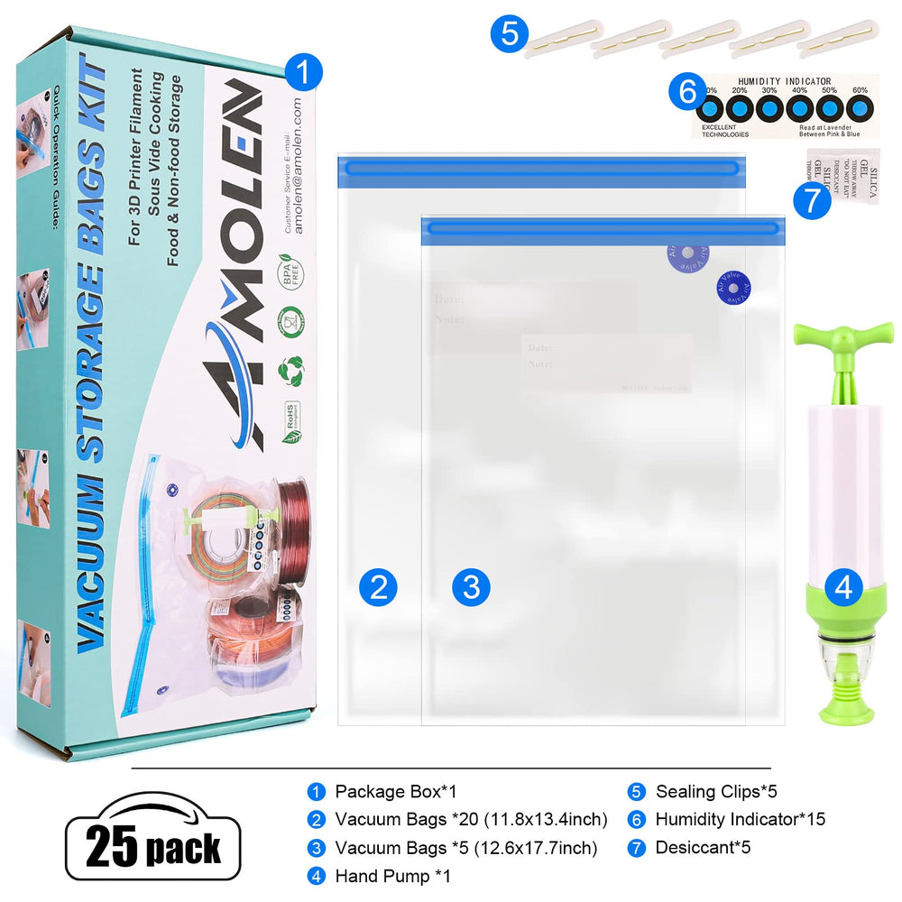 Filament Storage Bag Vacuum Kit with Two Sizes - 51 PCS Cleaning Drying Sealed 25 Bags for 3D Printer Filament with Desiccants/Humidity Indicator Cards/Clips/Hand Pump