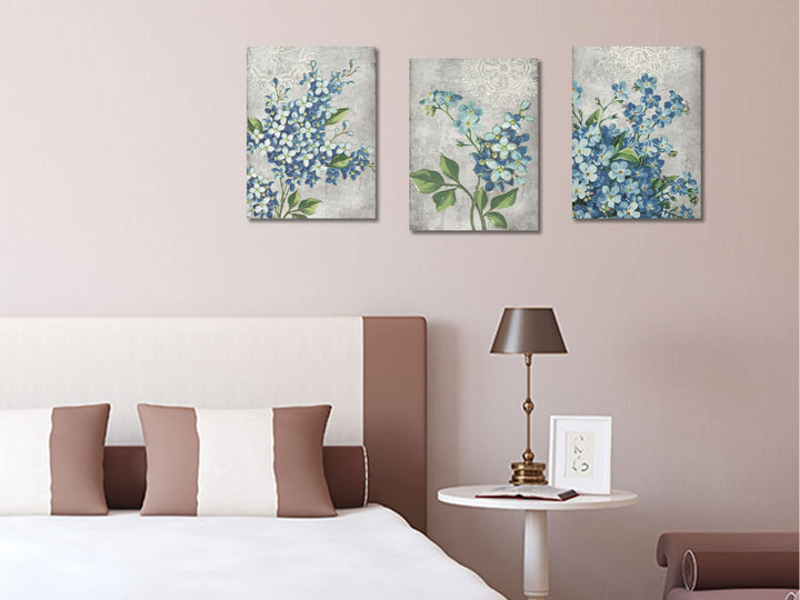 Bathroom Decor Blue Flowers Canvas Wall Art Pictures Florals Blossom Painting Grey Wildflowers Botanical Framed for Bedroom Living Room Dinning Room Home Office Wall Decor, 12x16x3 Panels