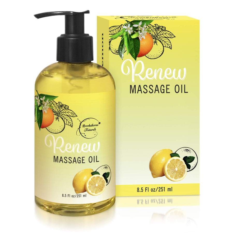 Renew Massage Oil with Orange, Lemon & Peppermint Essential Oils - Great for Massage Therapy or Home use. Ideal for Full Body – with Almond, Grapeseed & Jojoba Oils –