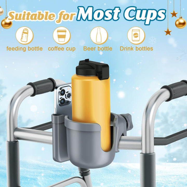 Guiseapue Stroller Cup Holder with Phone Holder, Bottle Holder for Wheelchair, Walker, Bike, Stroller Accessories for Uppababy, Nuna, Doona Stroller, Gifts for Her, Him, Kids (Grey)