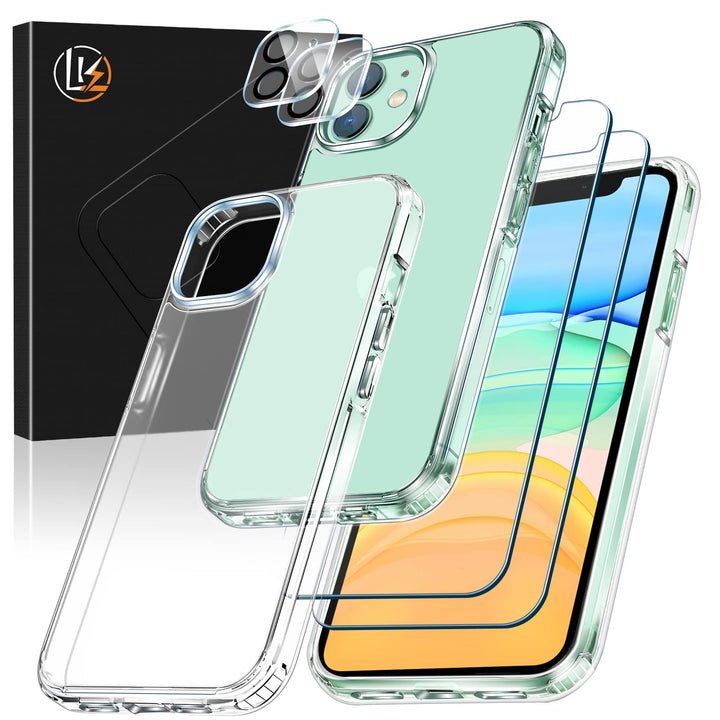 [5-in-1 for iPhone 11 Case, with 2 Pcs 9H Tempered Glass Screen Protector + 2 Lens Protector, Matte-Finish, Shockproof Dropproof, Anti-Scratch Phone Case Cover Kit for iPhone 11, Clear