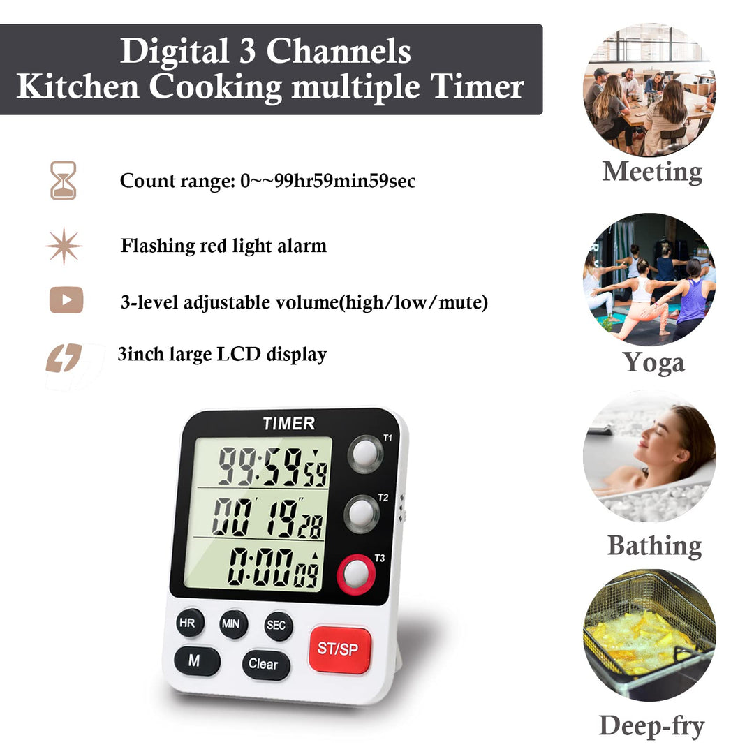 Digital 3 Channels Kitchen Cooking Multiple Timer with Large LCD Count Up Down Stopwatch ON Off Switch Timer for Teaching Reading 3-Level Adjustable Volume with Magnetic Back Battery Included