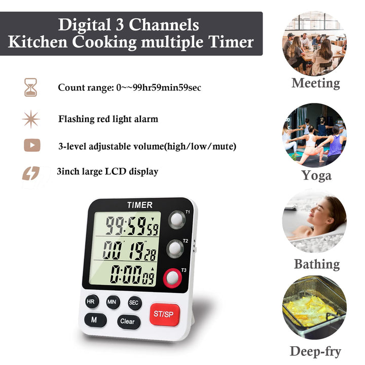 Digital 3 Channels Kitchen Cooking Multiple Timer with Large LCD Count Up Down Stopwatch ON Off Switch Timer for Teaching Reading 3-Level Adjustable Volume with Magnetic Back Battery Included