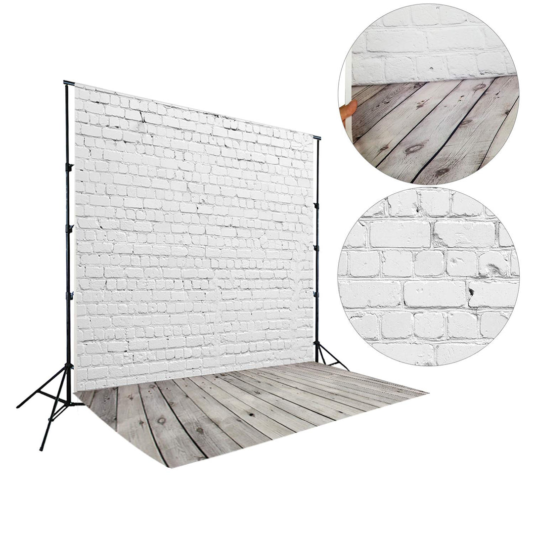 5X7ft White Brick Wall with Gray Wooden Floor Photography Vinyl Backdrop D-2504