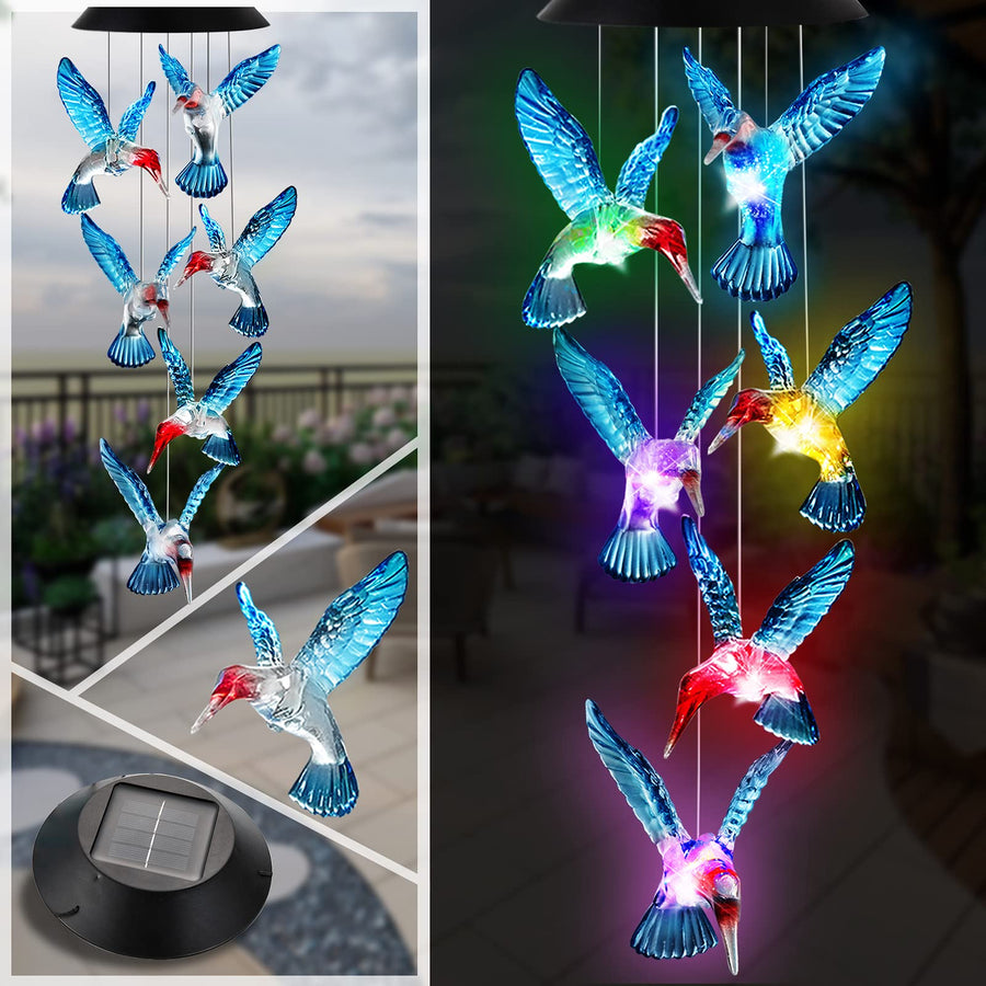 Hummingbird Wind Chimes Solar Wind Chimes Outdoor Color Changing Light Up Wind Chimes Solar Powered Memorial Wind Chimes Birthday Gifts for Mom Hummingbird Gifts (Blue windchimes)