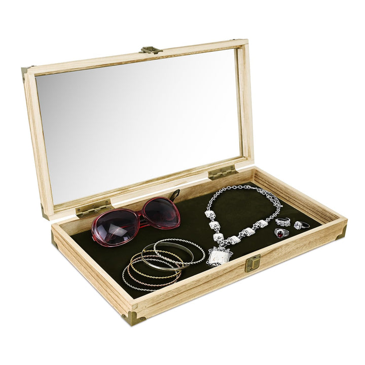 MOOCA Wooden Tempered Glass Jewelry Display Case with R