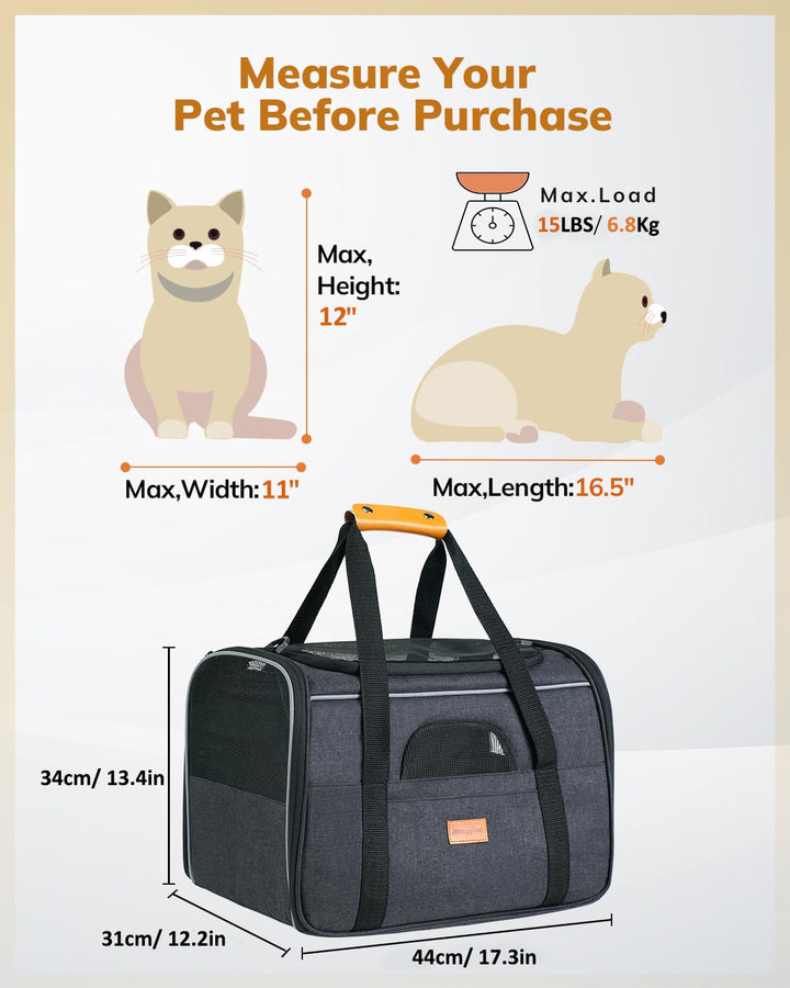 Cat Carrier - Soft Sided Cat Carrier Large for Big Medium Cats and Puppy up to 15lbs, Pet Carrier with Safety Zippers, Foldable Bowl, Airline Approved Large Cat Carrier - Dark Gray