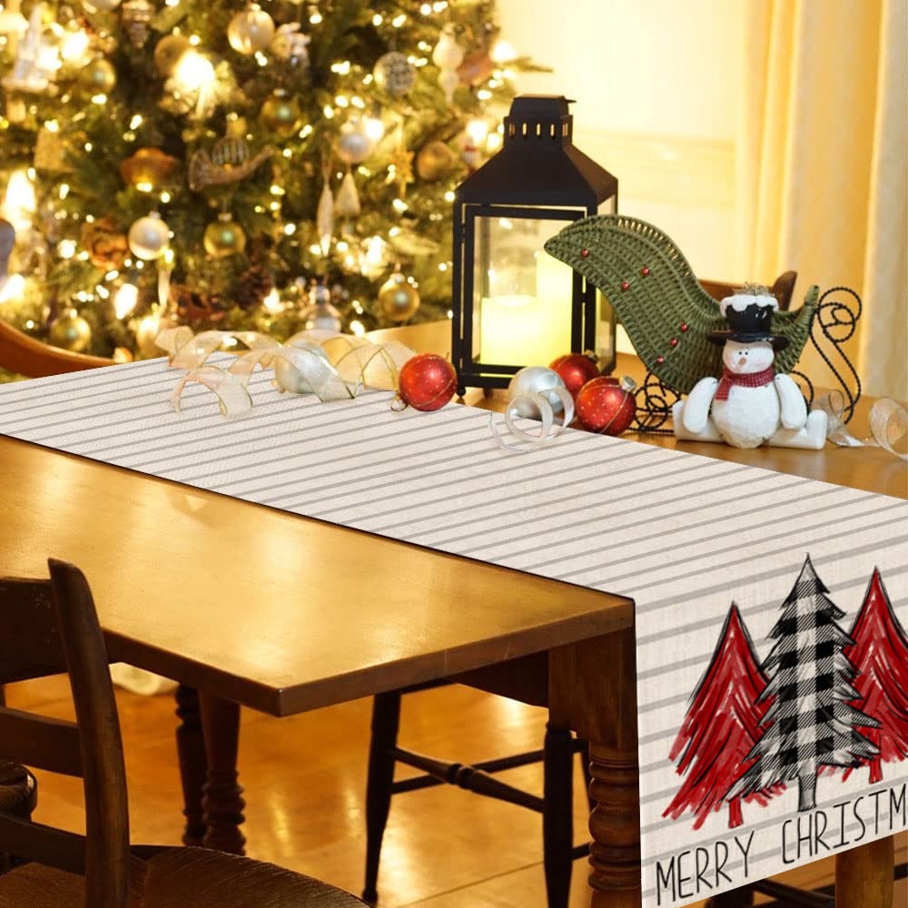 Merry Christmas Tree Table Runner 13x72 Inches, Stripe Winter Holiday Indoor Outdoor Table Decoration for Home