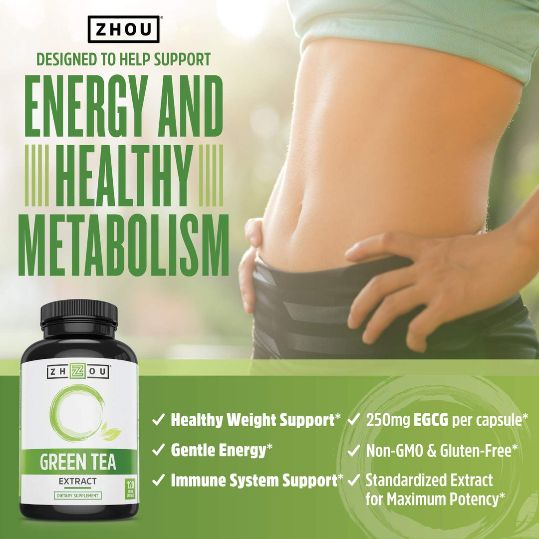 Zhou Nutrition Green Tea Extract Supplement - Green Tea &amp; ECGC for Women &amp; Men, Clean Caffeine Energy, Antioxidant Support, 500mg Per Serving - 120 Vegan Friendly Capsules