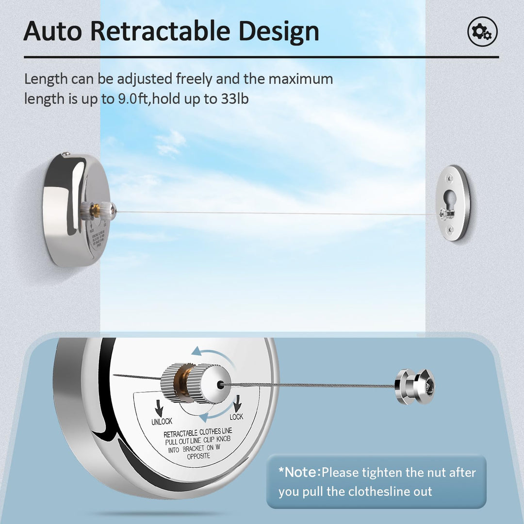 Retractable Clothesline 9.0 Feets, 304 Stainless Steel Clothes Line Dryer with Heavy Duty Adjustable Stainless Steel Rope String for Hanging Drying Bathroom, Laundry, Hotel, Indoor &amp; Outdoor