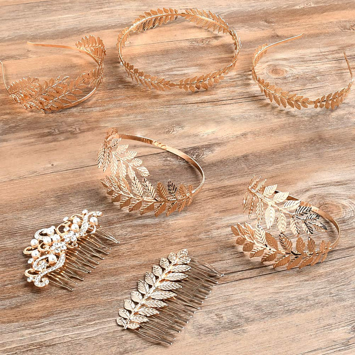 7 Pieces Greek Roman Laurel Leaf Bracelet Armband Golden Laurel Leaves Crown Tiara Costume Accessories Womens Leaf Headband Coil Bracelet Hair Comb Bridal Wedding