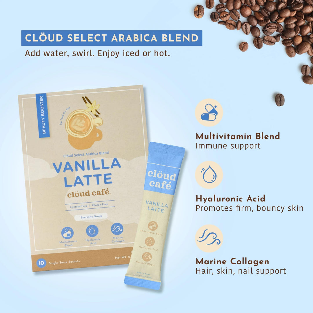 Collagen Infused Vanilla Latte Instant Coffee Packets - Hyalruonic Acid, Multivitamin Powder, &amp; Marine Collagen Single Serve Instant Coffee (10 Sachets)