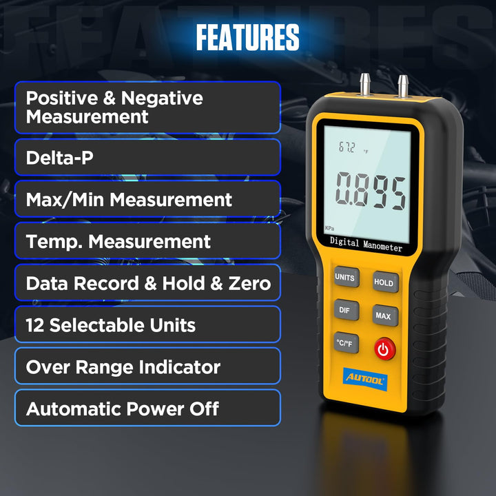 Digital Manometer, Dual-Port Manometer Gas Pressure Tester, Handheld HVAC Manometer, 12 Selectable Units Differential Pressure Gauge, Large LCD Display with Backlight