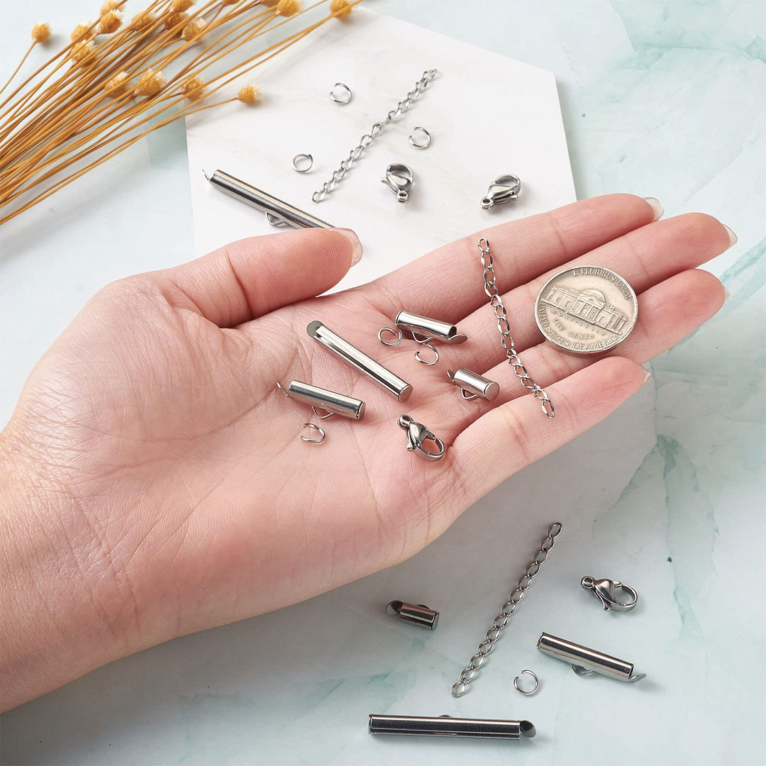 Beadthoven 260pcs 8sizes Stainless Steel Tube Slide On End Clasps with Twist Extender Chains Jump Rings Lobster Claw Clasps Crimp Cord Ends Findings for Jewelry Making 8/10/13/16/20/25/30/35MM