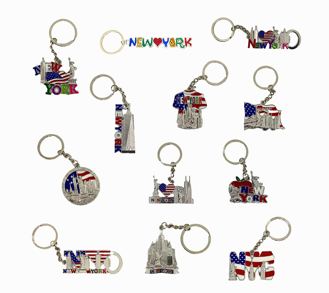TSY TOOL 12 Pack New York NYC Metal Keychain Ring Bundle Souvenir Collection, Gift Set Include Empire State, Freedom Tower, Statue Of Liberty, USA Flag, And More