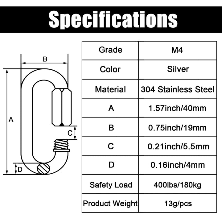 12 Pack Quick Link M4 5/32 Inch Heavy Duty Carabiner D Shape Chain Links 400LB Capacity Repair Utility Links Safety Chain Connector for Camping Hiking Outdoor Equipment Locking Harness Dog Leash