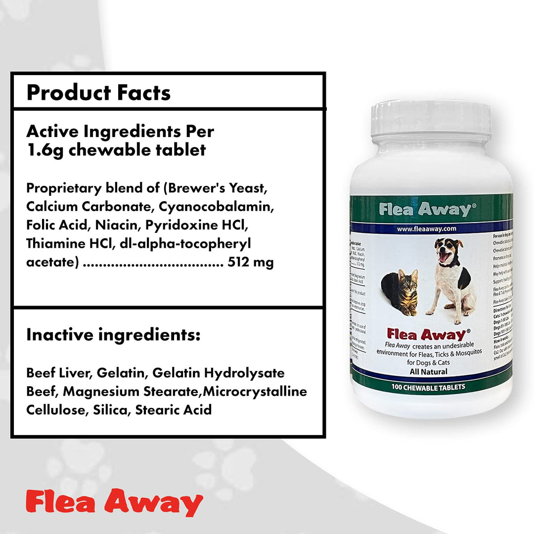 Flea Away All Natural Supplement for Fleas, Ticks, and Mosquitos Prevention for Dogs and Cats, 100 Chewable Treat Tablets, 2 Pack
