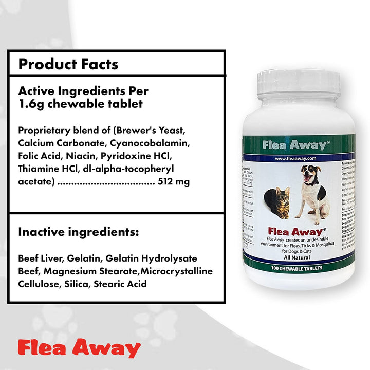 Flea Away All Natural Supplement for Fleas, Ticks, and Mosquitos Prevention for Dogs and Cats, 100 Chewable Treat Tablets, 2 Pack