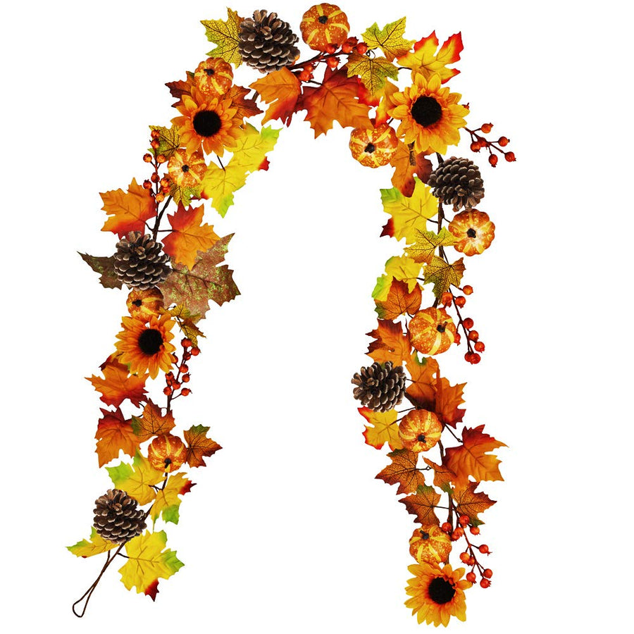 Fake Fall Maple Leaf Garland Hanging Vine- 6 Feet - Artificial Berries Sunflower Pumpkin Autumn Decoration for Wedding Party Thanksgiving Dinner Fireplace Door Frame Doorway Backdrop Decor
