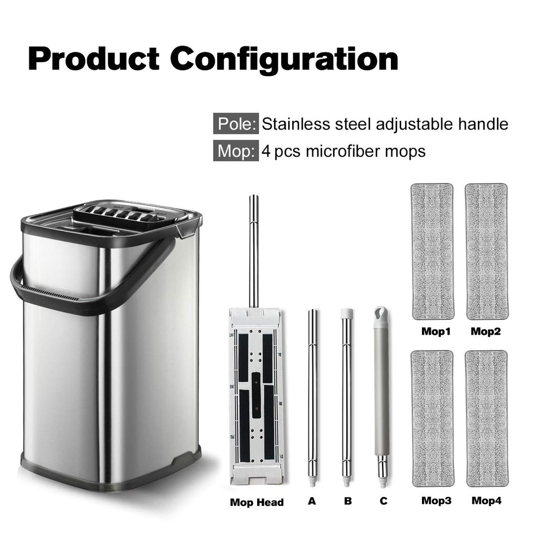 Silver Squeeze Flat Floor Mop and Bucket Set, Stainless Steel Handle Adjustable, 4 Washable &amp; Reusable Microfiber Mop Pads, Professional Commercial Home Mops for Floor Cleaning