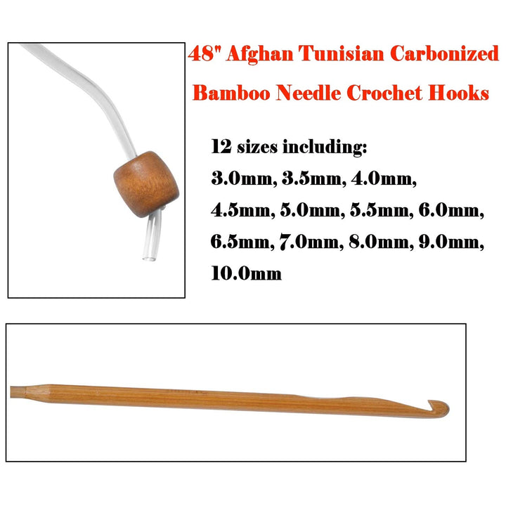 Afghan Tunisian Crochet Hooks Set with Cable and Beads, 12 Sizes 1.2M 48 Carbonized Bamboo Needle for Carpet Knitting