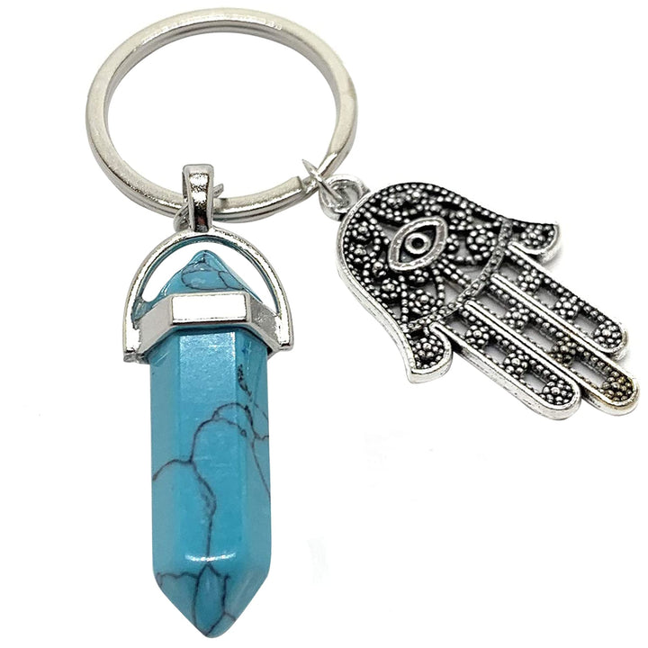Hamsa Hand Evil Eye Keychain Charm Nazar Crystal Adorno Key Holder Bag Ring Backpack Purse Decoration Stuff Protection Self Aesthetic Accessories Amulet w/Gemstone (1.5” x 3”)
