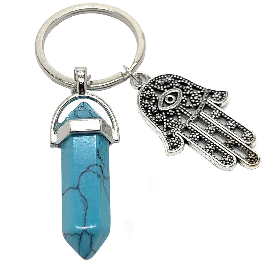 Hamsa Hand Evil Eye Keychain Charm Nazar Crystal Adorno Key Holder Bag Ring Backpack Purse Decoration Stuff Protection Self Aesthetic Accessories Amulet w/Gemstone (1.5” x 3”)