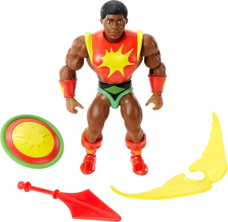 Mattel Origins Action Figure & Accessories Set, Sun-Man Collectible Toy with 16 Posable Joints, 5.5-inch