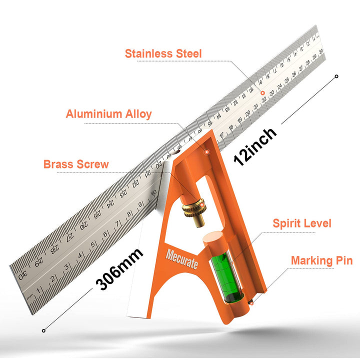 12“ Combination Square, 12 Inch 300mm Stainless Steel Combo Square for Accurate and Adjustable Woodworking Measurement with 2pcs Carpentery Pencils (12 inch)